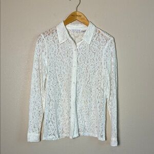 NOTATIONS Women Large Off White Lace Sheer Long Sleeve Button Up Shirt Whimsical